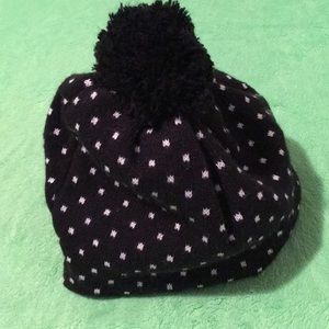 Black Pom-Pom Knit Beanie with White Dot Pattern - Women